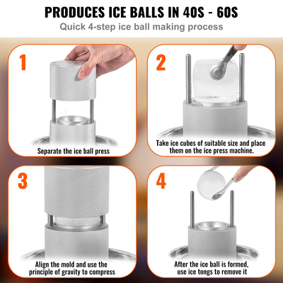 VEVOR Ice Ball Press, 2,4&quot; Ice Ball Maker, Aircraft Aloy Ice Ball Press Kit για 60mm Ice Sphere, Ice Press with Tong and Drip Tray, για Ουίσκι, Cocktail, Bourbon, Scot on Party &amp; Holiday, Ασημί