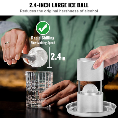VEVOR Ice Ball Press, 2,4&quot; Ice Ball Maker, Aircraft Aloy Ice Ball Press Kit για 60mm Ice Sphere, Ice Press with Tong and Drip Tray, για Ουίσκι, Cocktail, Bourbon, Scot on Party &amp; Holiday, Ασημί