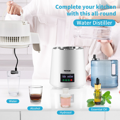 VEVOR 4L Water Distiller 1L/H Αποσταγμένου νερού Οθόνη χρονισμού &amp; θερμοκρασίας Λευκό