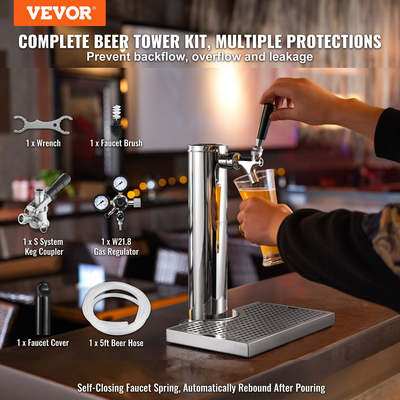 VEVOR Kegerator Tower Kit, Single Tap Beer Conversion Kit, Ανοξείδωτο ατσάλι Keg Beer Tower Dispenser με ρυθμιστή διπλού διαμετρήματος W21.8 &amp; S-System βαρελίσιο σύζευξη, δίσκος σταγόνας μπύρας για Party Home