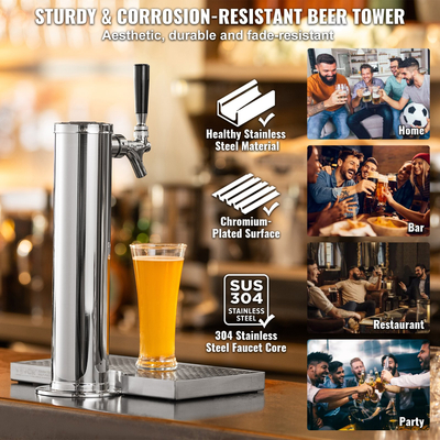 VEVOR Kegerator Tower Kit, Single Tap Beer Conversion Kit, Ανοξείδωτο ατσάλι Keg Beer Tower Dispenser με ρυθμιστή διπλού διαμετρήματος W21.8 &amp; S-System βαρελίσιο σύζευξη, δίσκος σταγόνας μπύρας για Party Home