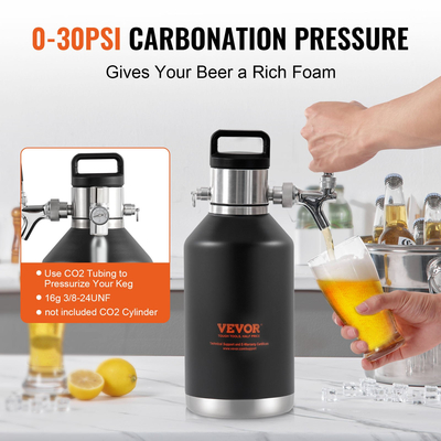 Σύστημα βρύσης VEVOR Beer Growler, Mini βαρέλι 128 oz 4L, 304 ανοξείδωτο ατσάλι υπό πίεση Growler Beer, Keg Growler με οθόνη πίεσης, βρύση ρυθμιστή CO2, στεγανός δακτύλιος για βαρελίσια, Homebrew, Craft Beer