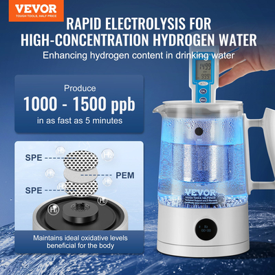 VEVOR Hydrogen Water Pitcher Generator, 1,5 L / 52,8 oz Γεννήτρια υδρογόνου μεγάλης χωρητικότητας Βραστήρας νερού, τεχνολογία SPE και PEM, Μηχανή ιονιστή νερού πλούσιου σε υδρογόνο για παρασκευή καφέ ή τσαγιού
