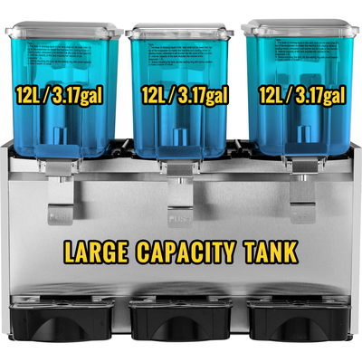 VEVOR Commercial Cold Beverage Dispenser Ανοξείδωτος χάλυβας Fruit Juice Beverage Dispenser 3 Tanks 9,6 Gallon Δοχείο παγωμένου τσαγιού εξοπλισμένο με ελεγκτή θερμοστάτη