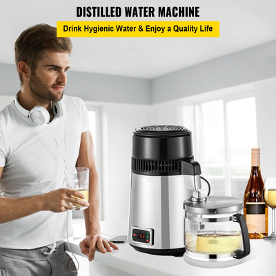 VEVOR Silver Water Distiller Machine 750W Ρυθμιζόμενη θερμοκρασία Water Distiller 4L Σετ κρασιού Κιτ ζυθοποιίας Εσωτερικός αποστακτήρας από ανοξείδωτο χάλυβα με ρυθμιζόμενη θερμοκρασία για σπίτια κουζίνας
