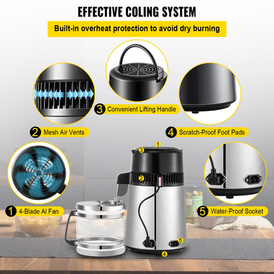 VEVOR Silver Water Distiller Machine 750W Ρυθμιζόμενη θερμοκρασία Water Distiller 4L Σετ κρασιού Κιτ ζυθοποιίας Εσωτερικός αποστακτήρας από ανοξείδωτο χάλυβα με ρυθμιζόμενη θερμοκρασία για σπίτια κουζίνας