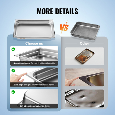 VEVOR 6 Pack Πλήρους μεγέθους Τηγάνια Ξενοδοχείου Ατμόλουτρο Επιτραπέζιο Τηγάνι από ανοξείδωτο ατσάλι 2,5&quot; βάθους