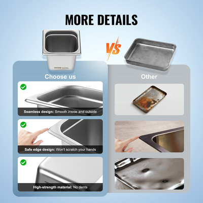 VEVOR 6 Πακέτο 1/6 Μέγεθος Τηγάνια Ξενοδοχείου Επιτραπέζιο Τηγάνι ατμού από ανοξείδωτο ατσάλι 6&quot; βαθύ