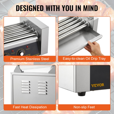 VEVOR Electric 12 Hot Dog 5 Roller Grill Cooker Machine Backsplash &amp; Shelf 1000W