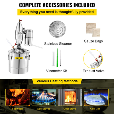 VEVOR Moonshine Still, 30L Water Distiller, 6,6Gal Essential oil Boiler, SUS 304 Moonshine Still Kit με ενσωματωμένο θερμόμετρο