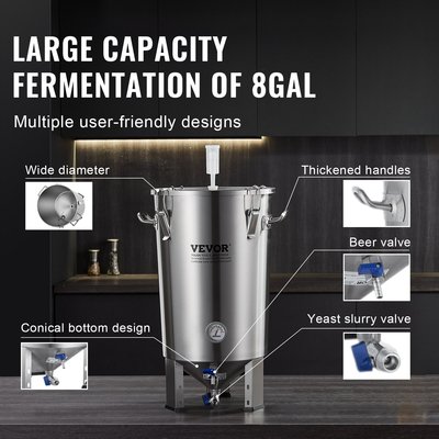 Βραστήρας VEVOR 304 από ανοξείδωτο χάλυβα, 8 GALLON Beer Brew Fermentor, Brew Bucket Fermentor for Brewing, Home Brewing Proppies with Base, Bottle Stock Pot περιλαμβάνει καπάκι, λαβή, βαλβίδα, στόμιο, θερμόμετρο