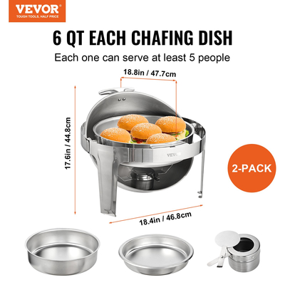 Σετ μπουφέ πιάτων VEVOR Roll Top Chafing, 6 Qt 2 Pack, Chafer από ανοξείδωτο ατσάλι με 2 τηγάνια πλήρους μεγέθους, στρογγυλός θερμαντήρας τροφοδοσίας με καπάκι, βάση καυσίμου για τουλάχιστον 5 άτομα