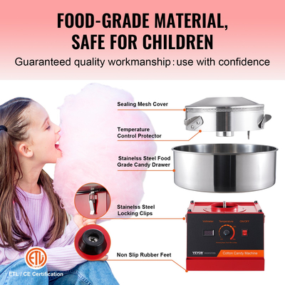 Ηλεκτρική μηχανή ζαχαροπλαστείου VEVOR, 1000W ζαχαροπλαστείο, επαγγελματική μηχανή ζαχαροπλαστείου με μπολ από ανοξείδωτο ατσάλι και σέσουλα ζάχαρης, ιδανική για γενέθλια παιδιά στο σπίτι, οικογενειακό πάρτι (κόκκινο)