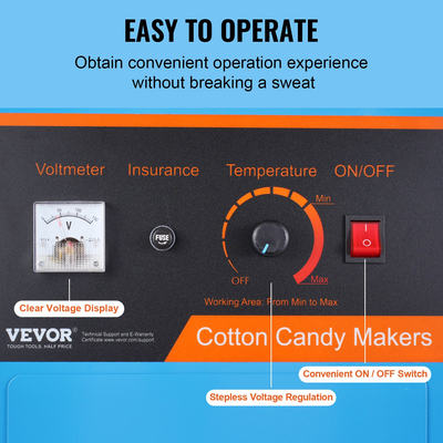 VEVOR Electric Cotton Candy Machine, 1000W Candy Floss Maker, Εμπορική μηχανή ζαχαροπλαστικής βαμβακιού με κάλυμμα, μπολ από ανοξείδωτο ατσάλι, σέσουλα ζάχαρης, συρτάρι, ιδανικό για γενέθλια παιδιά στο σπίτι, οικογενειακό πάρτι, μπλε