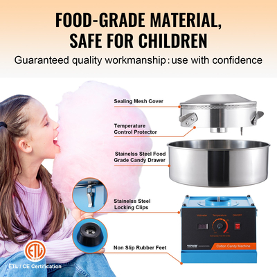 Ηλεκτρική μηχανή ζαχαροπλαστείου VEVOR, 1000W ζαχαροπλαστείο, επαγγελματική μηχανή ζαχαροπλαστικής με μπολ από ανοξείδωτο ατσάλι και σέσουλα ζάχαρης, ιδανική για γενέθλια παιδιά στο σπίτι, οικογενειακό πάρτι (Μπλε)