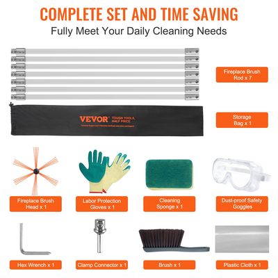 VEVOR 7 m Kit καθαρισμού καπνοδόχου, με 7 ενισχυμένες εύκαμπτες ράβδους από νάιλον, εργονομική βούρτσα καθαρισμού καπνοδόχου, καθαριστικό καμινάδας βούρτσας 360 μοιρών, πλούσια αξεσουάρ για οικιακή χρήση καυσαερίων τζακιού Ταιριάζει στους περισσότερους σωλήνες