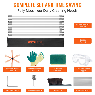 VEVOR 8 m Kit καθαρισμού καπνοδόχου, με 8 ενισχυμένες εύκαμπτες ράβδους από νάιλον, εργονομική βούρτσα καθαρισμού καπνοδόχου, καθαριστικό καμινάδας βούρτσας 360 μοιρών, πλούσια αξεσουάρ για οικιακή χρήση καυσαερίων τζακιού Ταιριάζει στους περισσότερους σωλήνες