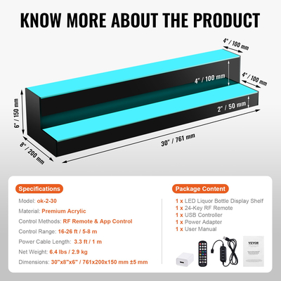 VEVOR LED Lighted Liquor Bottle Display Bar Shelf RF &amp; App Control 30&quot; 2-step