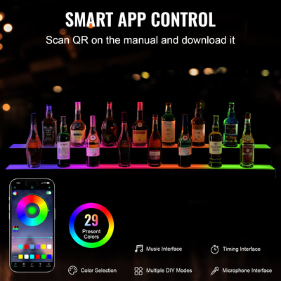VEVOR LED Lighted Liquor Bottle Display Bar Shelf RF &amp; App Control 60&quot; 2-Step