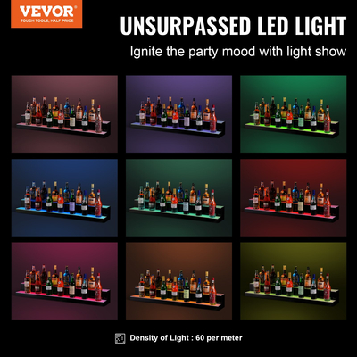 VEVOR LED Lighted Liquor Bottle Display Bar Shelf RF &amp; App Control 48&quot; 2-step