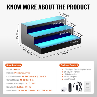 VEVOR LED Lighted Liquor Bottle Display Bar Shelf RF &amp; App Control 16&quot; 3-step