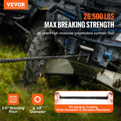 VEVOR Synthetic Winch Rope, 3/8 Inch x 85 Feet 26.500 lbs Synthetic Winch Line Cable Rope with Protective Sleeve + σφυρήλατο άγκιστρο βαρούλκου + ιμάντα έλξης, Universal εφαρμογή για SUV, μεγάλο όχημα εκτός δρόμου, φορτηγό