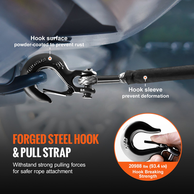 VEVOR Synthetic Winch Rope, 3/8 Inch x 85 Feet 26.500 lbs Synthetic Winch Line Cable Rope with Protective Sleeve + σφυρήλατο άγκιστρο βαρούλκου + ιμάντα έλξης, Universal εφαρμογή για SUV, μεγάλο όχημα εκτός δρόμου, φορτηγό