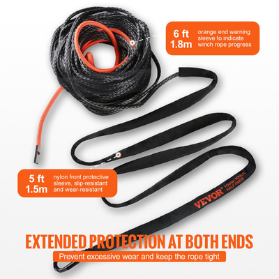 VEVOR Synthetic Winch Rope, 3/8 Inch x 85 Feet 26.500 lbs Synthetic Winch Line Cable Rope with Protective Sleeve + σφυρήλατο άγκιστρο βαρούλκου + ιμάντα έλξης, Universal εφαρμογή για SUV, μεγάλο όχημα εκτός δρόμου, φορτηγό
