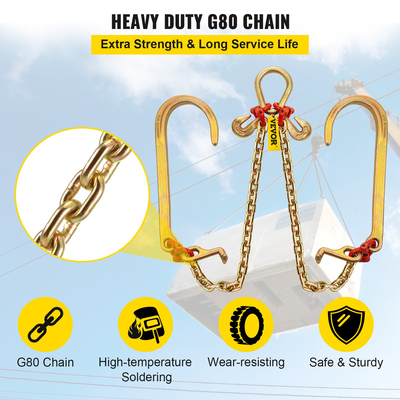 VEVOR V Bridle Chain, 5/16 in x 2 ft Bridle Tow Chain, Grade 80 V-Bridle Chain Transport, 9260 Lbs Break Strength with TJ Hooks and Crab Hooks, Heavy Duty Pear Link Connector and Chain Shorteners