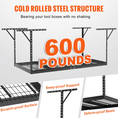 Βάση αποθήκευσης VEVOR Overhead Garage, 48x96 ιντσών Ράφια αποθήκευσης οροφής γκαράζ, Ρυθμιζόμενα βαρέως τύπου χαλύβδινα ράφια ψυχρής έλασης για αποθήκευση γκαράζ, οργάνωση, χωρητικότητα φόρτωσης 600 lbs, 22&#039;&#039;-40&quot;, Μαύρο