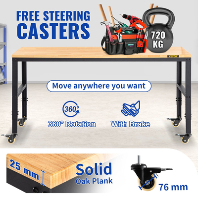 VEVOR Πάγκος Εργασίας Ρυθμιζόμενο ύψος, 122cm ΠΧ 51cm ΔΧ 104cm Υ Τραπέζι γκαράζ με 79 – 104cm Ύψος &amp; Χωρητικότητα 720KG, με Πρίζες &amp; Πάγκο από σκληρό ξύλο &amp; Μεταλλικό Πλαίσιο &amp; Περιστρεφόμενους τροχούς, για Σπίτι Γραφείου