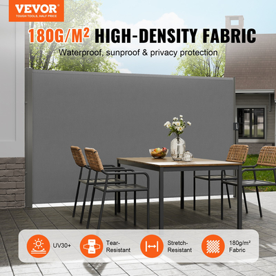 Πτυσσόμενη πλαϊνή τέντα VEVOR, 79''x 118'' Εξωτερική οθόνη απορρήτου, 180g Πολυεστερική αδιάβροχη ανασυρόμενη σήτα βεράντας, UV 30+ Διαιρέτης Δωματίων Ανεμοθάλαμος για Αίθριο, Πίσω αυλή, Μπαλκόνι, Γκρι