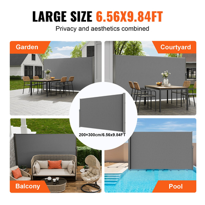 Πτυσσόμενη πλαϊνή τέντα VEVOR, 79''x 118'' Εξωτερική οθόνη απορρήτου, 180g Πολυεστερική αδιάβροχη ανασυρόμενη σήτα βεράντας, UV 30+ Διαιρέτης Δωματίων Ανεμοθάλαμος για Αίθριο, Πίσω αυλή, Μπαλκόνι, Γκρι