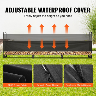 VEVOR 12.7FT Εξωτερική σχάρα καυσόξυλων με κάλυμμα, 152 x 14.2 x 46.1 ίντσες, βαρέως τύπου θήκη για καυσόξυλα &amp; 600D αδιάβροχο κάλυμμα Oxford για τζάκι, βεράντα, εσωτερική/εξωτερική βάση αποθήκευσης κορμών για 3/4 κορδονιού καυσόξυλου