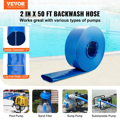 Εύκαμπτος σωλήνας VEVOR Backwash, 2 in x 50 ft, βαρέως τύπου PVC επίπεδος σωλήνας εκκένωσης πισίνας με εξαρτήματα αλουμινίου Camlock C &amp; E, σφιγκτήρες, συμβατός με αντλίες, φίλτρα άμμου, για αποχέτευση λυμάτων πισινών, μπλε