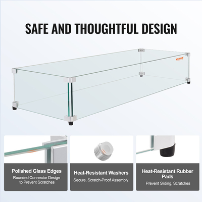 VEVOR Glass Wind Guard για ορθογώνιο τραπέζι πυρκαγιάς 798 x 317 x 165 mm, πάχους 8 mm και ανθεκτικό σκληρυμένο γυαλί με γωνιακό βραχίονα αλουμινίου και λαστιχένια πόδια, εύκολο στη συναρμολόγηση