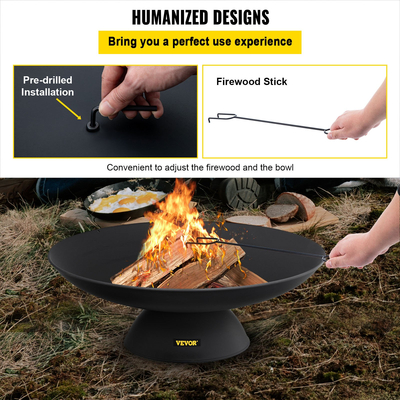 VEVOR Fire Pit Bowl, 30 ιντσών βαθύ στρογγυλό μπολ από χυτοσίδηρο, καύση ξύλου για εξωτερικά αίθρια, αυλές και κάμπινγκ, με βάση σχεδιασμένη για σταθερό μπολ και ραβδί καυσόξυλου, μαύρο