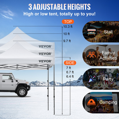 Σκηνή με κουβούκλιο VEVOR 10 x 10 FT, Τέντα κιόσκι εξωτερικής βεράντας με αφαιρούμενα πλευρικά τοιχώματα και τσάντα με τροχούς, αδιάβροχο στιγμιαίο κάλυμμα κιόσκι με αντοχή στην υπεριώδη ακτινοβολία για πάρτι, κήπο, πίσω αυλή, λευκό