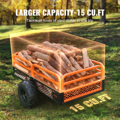 VEVOR Heavy Duty Steel ATV Dump Trailer, χωρητικότητα φορτίου 1500 λιβρών 15 κυβικά πόδια, ρυμουλκούμενο πίσω από το καρότσι χωματερής Garden Trailer, με αφαιρούμενα πλαϊνά και 2 ελαστικά, για χλοοκοπτικά, τρακτέρ, ATV, UTV