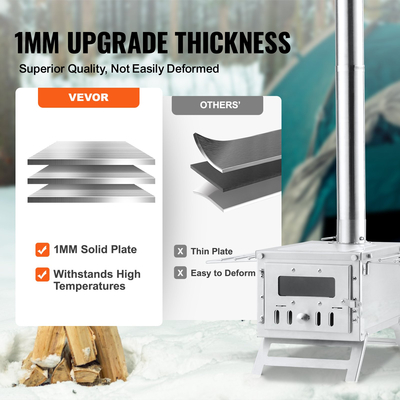 Ξυλόσομπα VEVOR, 80 ιντσών, Σόμπα από ανοξείδωτο ατσάλι, Φορητή ξυλόσομπα με σωλήνες και γάντια καμινάδας, 700 ιντσών καυτή εστία σκηνής Firebox για μαγείρεμα και θέρμανση εξωτερικού χώρου με 8 σωλήνες