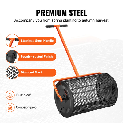 VEVOR Compost Spreader, 24,4-25,6&quot; ρυθμιζόμενη λαβή, πλάτος 24&quot;, κύλινδρος τύρφης βρύου γκαζόν και κήπου με πλαϊνά μάνδαλα, καλάθι από ατσάλι με επίστρωση πούδρας για διασπορά κοπριάς, φυτόχωμα, μαύρο