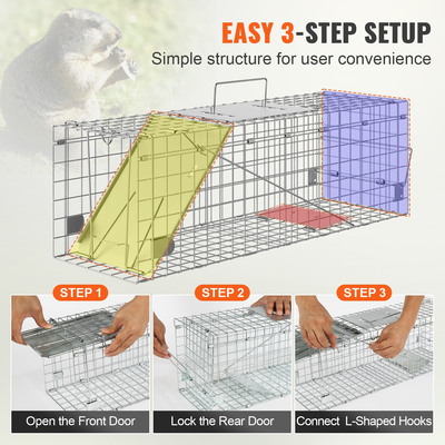 VEVOR Live Animal Cage Trap, 24&quot; x 8&quot; x 8&quot; Humane Cat Trap Γαλβανισμένο Σίδερο, Πτυσσόμενη Παγίδα Ζώων με Λαβή για κουνέλια, αδέσποτες γάτες, σκίουρους, ρακούν, αγριόχοιρους και οπόσουμ