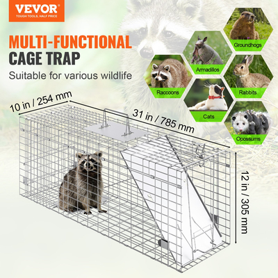 VEVOR Live Animal Cage Trap, 31&quot; x 10&quot; x 12&quot; Humane Cat Trap Γαλβανισμένο Σίδερο, Πτυσσόμενη Παγίδα Ζώων με Λαβή για κουνέλια, αδέσποτες γάτες, σκίουρους, ρακούν, αγριόχοιρους και οπόσουμ