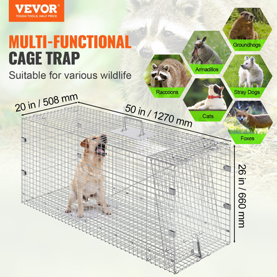 VEVOR Live Animal Cage Trap 50&quot; x 20&quot; x 26&quot; Humane Cat Trap Cats Squirrels Mouse