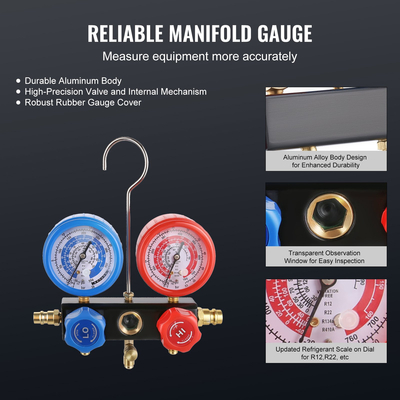 VEVOR 1/5 HP 3,5 CFM AC σετ αντλίας κενού και μετρητή, Περιστροφικό πτερύγιο HVAC Air Pump A/C Σετ μετρητή πολλαπλής σκούπας, με τσάντα μεταφοράς εύκαμπτων σωλήνων τριών χρωμάτων, Ισχύει για R134a, R410a