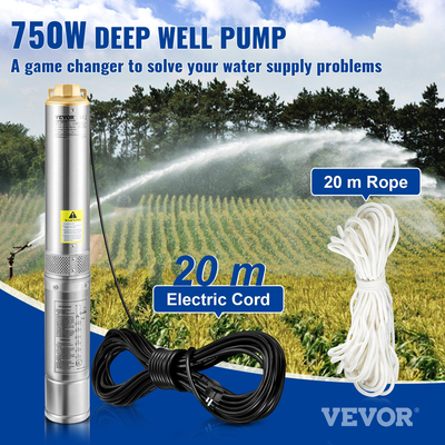 Υποβρύχια αντλία VEVOR Deep Well, 750W 230V/50Hz, 100L/min 66 m Head Sand Resistant &lt;5%, 20 m Electric Cord, 7,6 cm Αντλίες νερού από ανοξείδωτο χάλυβα για βιομηχανική, άρδευση και οικιακή χρήση, IP68 αδιάβροχη