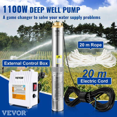 Υποβρύχια αντλία VEVOR Deep Well, 1100W 230V/50Hz, 190L/min 57 m Head, με καλώδιο 20 m &amp; εξωτερικό κιβώτιο ελέγχου, 10,2 cm Αντλίες νερού από ανοξείδωτο χάλυβα για βιομηχανική, άρδευση και οικιακή χρήση, IP68 αδιάβροχη