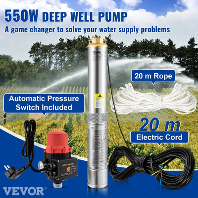Υποβρύχια αντλία VEVOR Deep Well, 550W 230V/50Hz, 50L/min 89 m Head, 20 m Cord &amp; Automatic Pressure Switch, 7,6 cm Αντλίες νερού από ανοξείδωτο χάλυβα για βιομηχανική, άρδευση και οικιακή χρήση, IP68 αδιάβροχη