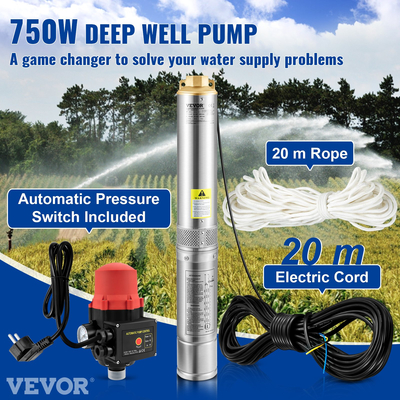 Υποβρύχια αντλία VEVOR Deep Well, 750W 230V/50Hz, 105L/min 62 m Head, 20 m Cord &amp; Automatic Pressure Switch, 8,9 cm Αντλίες νερού από ανοξείδωτο χάλυβα για βιομηχανική, άρδευση και οικιακή χρήση, IP68 αδιάβροχη