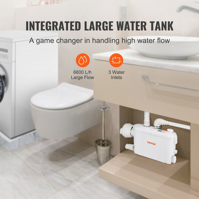 VEVOR Macerator Pump, 500W, 6600 L/h Flow, 26,2 ft/8 m Head, Macerator Pump Card Sump with 3 Water Intitions for Wullet, Underground, Κουζίνα, Νεροχύτη, Ντους, Μπανιέρα Απόρριψη Λυμάτων